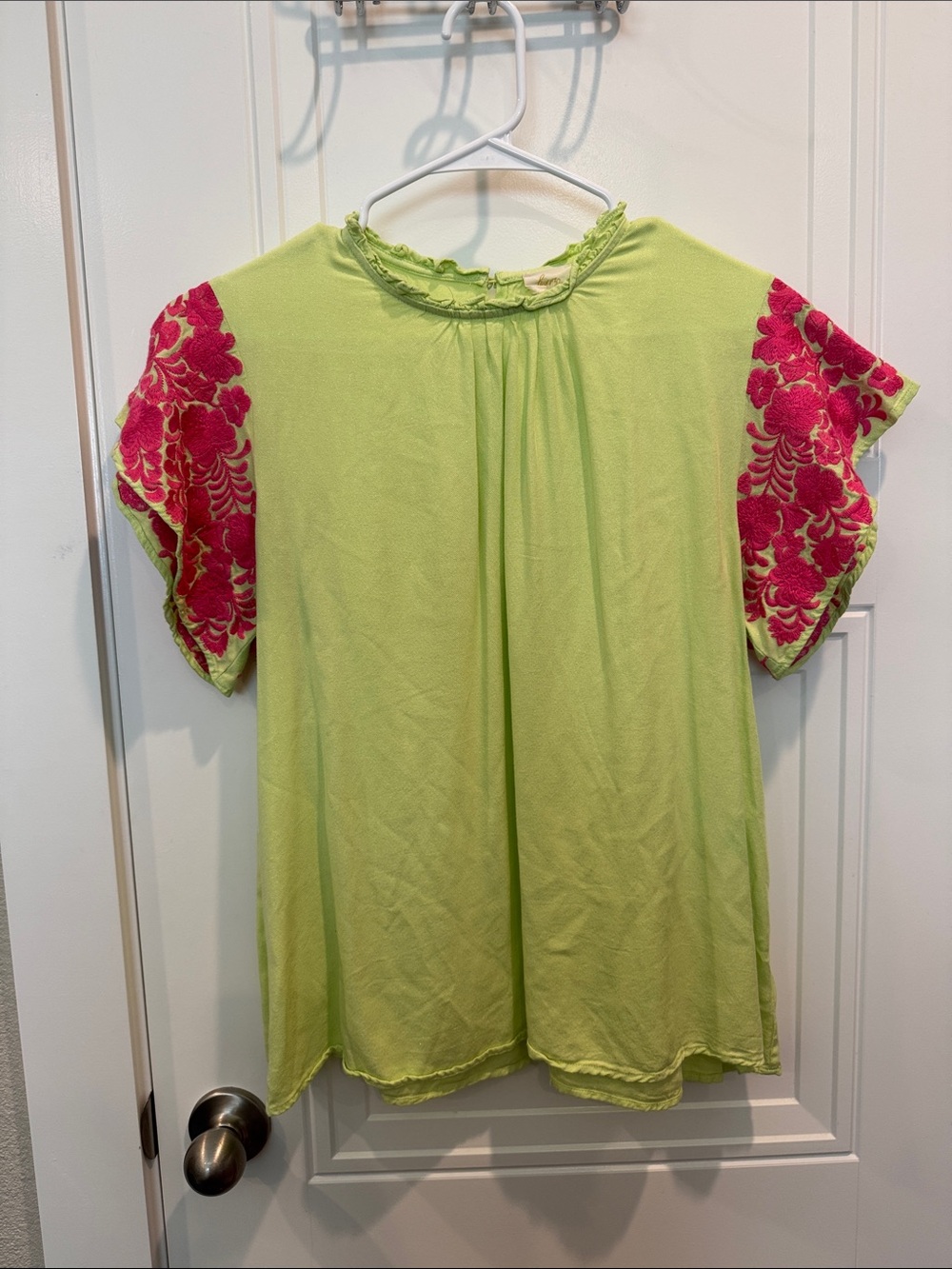Lime Green Short Sleeve Tunic with Pink Embroidered Sleeves